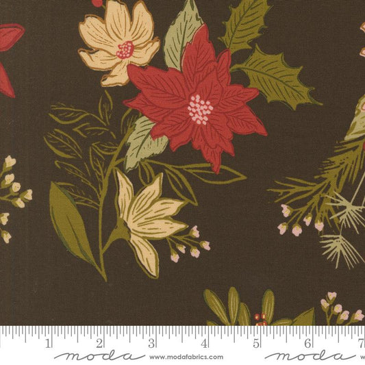 Old World Yuletide- Espresso Metallic Festive Florals: Sold by the 1/2 Yard