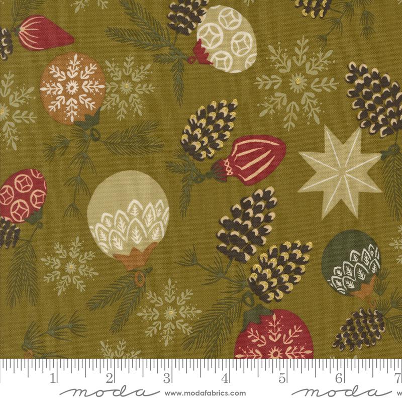 Old World Yuletide- Pickle Metallic Branch and Baubles: Sold by the 1/2 Yard