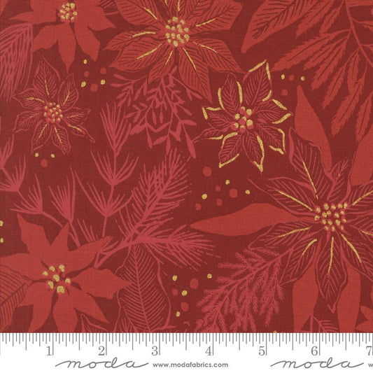 Old World Yuletide- Crimson Metallic Poinsettia Mix: Sold by the 1/2 Yard