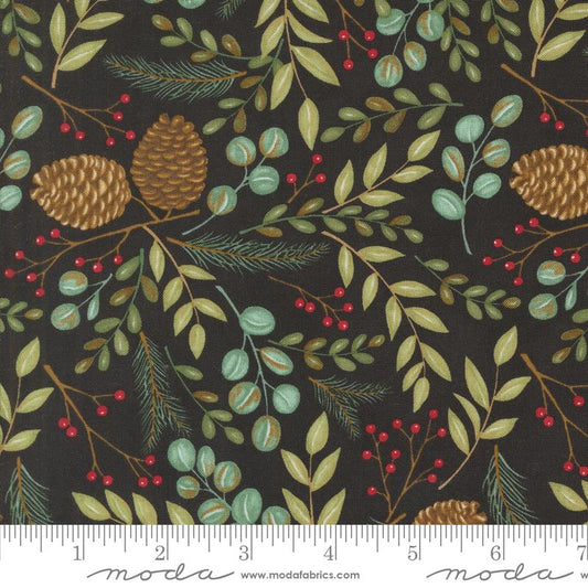 Winter Friends- Charcoal Black Woodland Greenery: Sold by the 1/2 Yard
