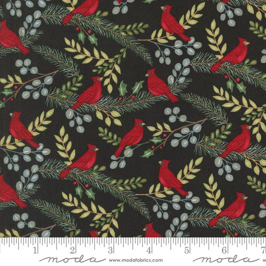 Winter Friends- Charcoal Black Cardinals in the Tree: Sold by the 1/2 Yard