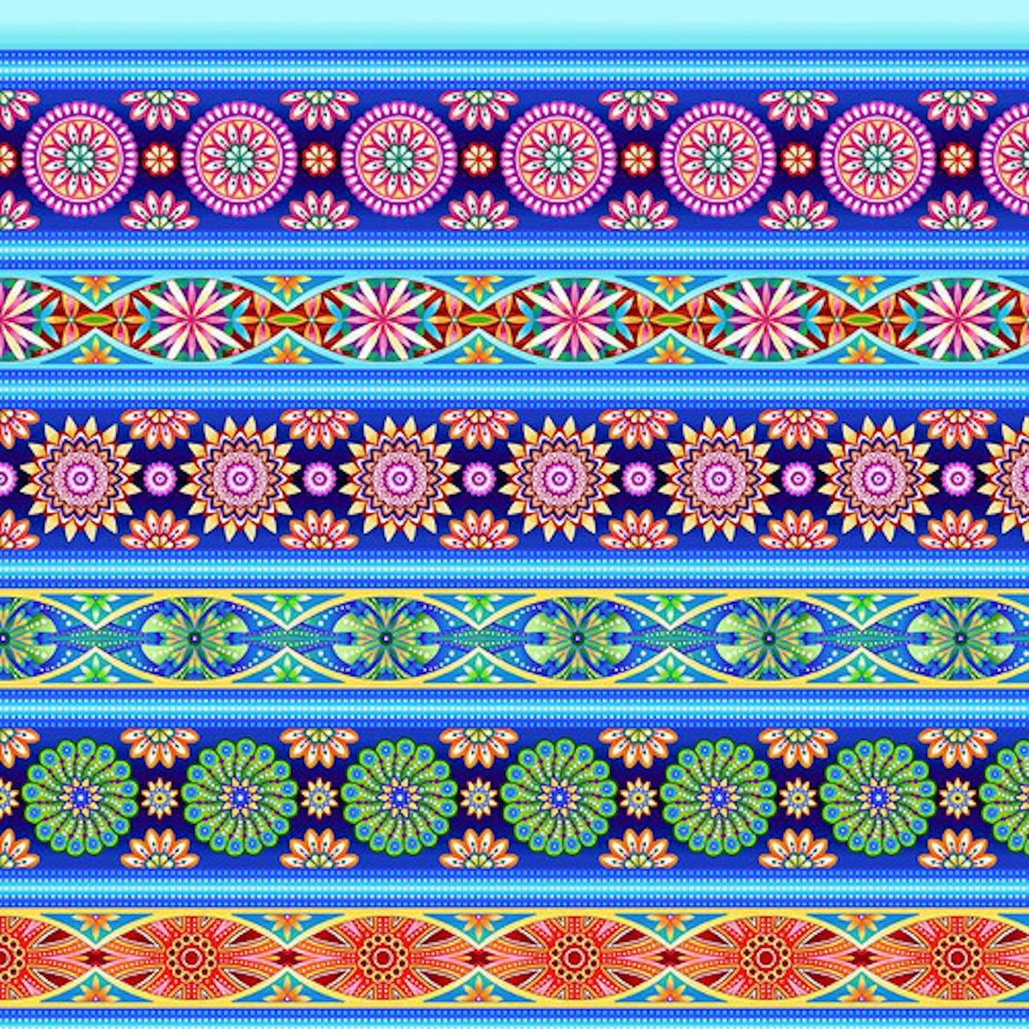 Caravan- Royal Multi Mini Border Stripe: Sold by the 1/2 yard.