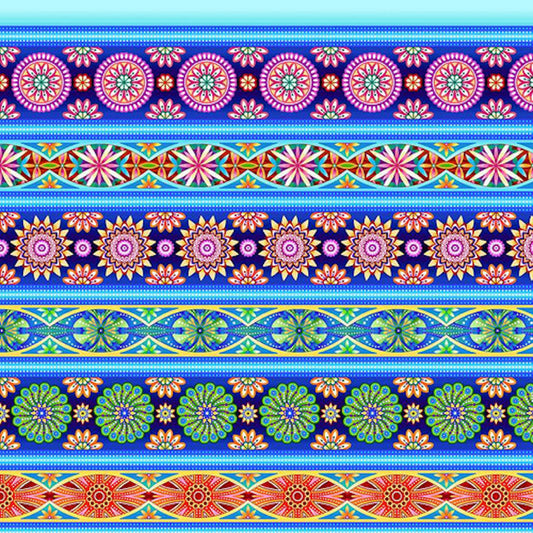 Caravan- Royal Multi Mini Border Stripe: Sold by the 1/2 yard.