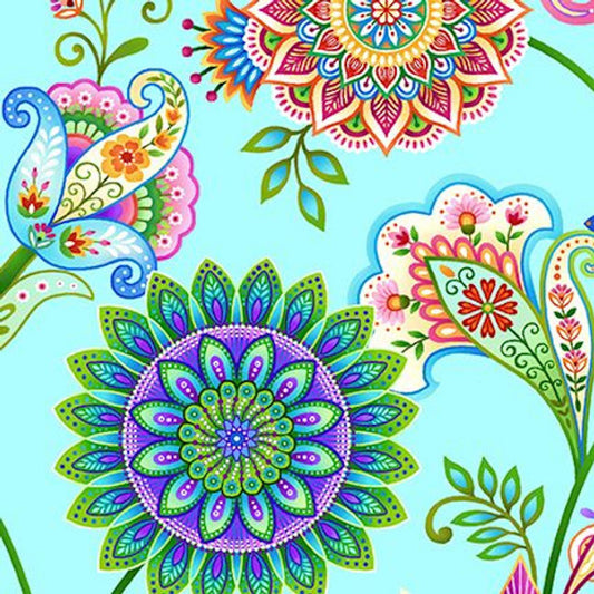 Caravan- Light Blue Floral Medallion Vines: Sold by the 1/2 yard.