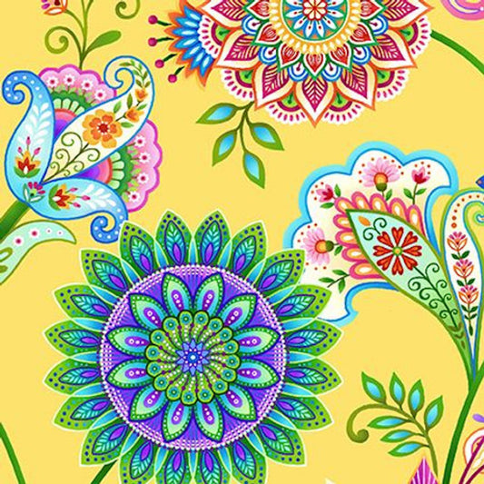 Caravan- Yellow Floral Medallion Vines: Sold by the 1/2 yard.