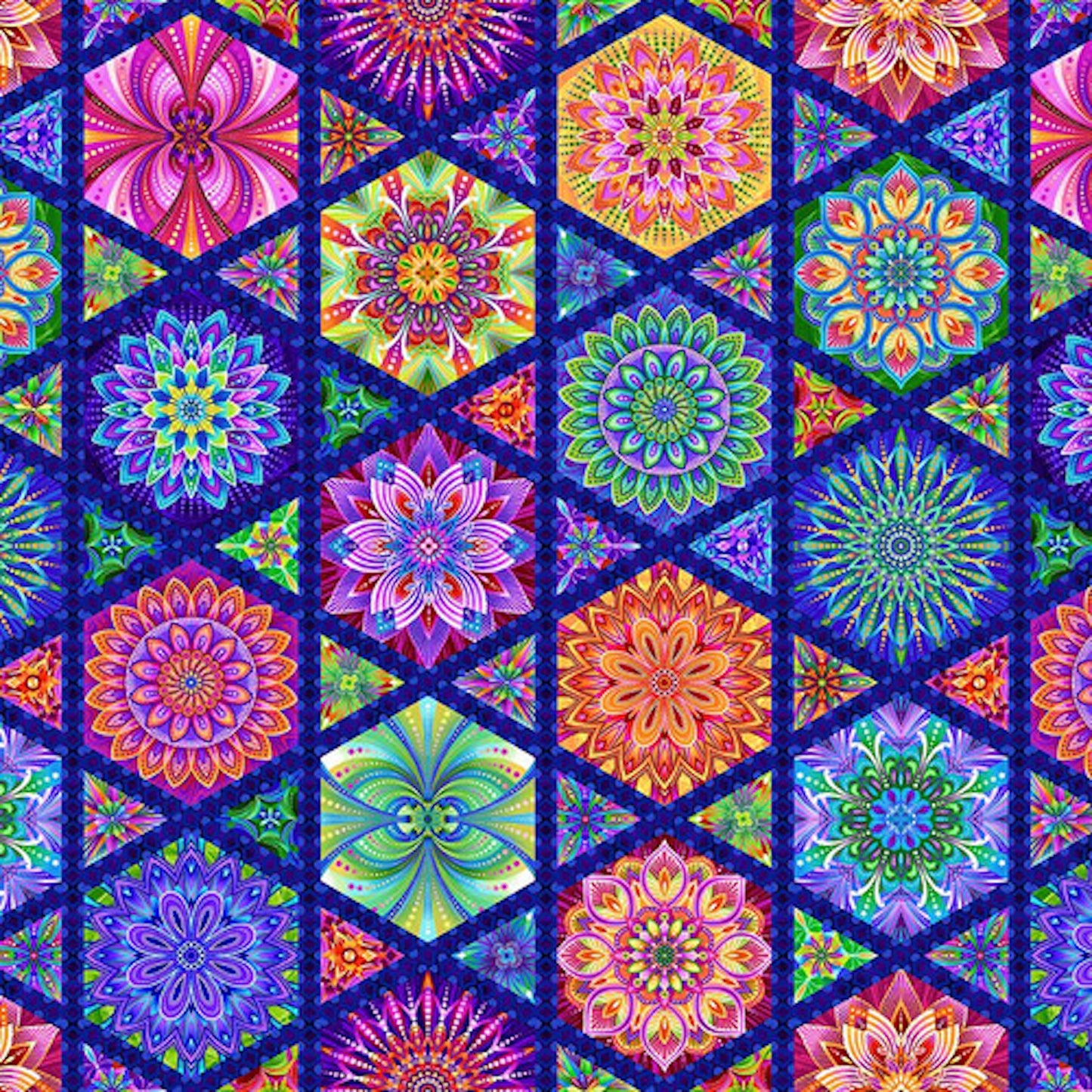 Caravan- Royal Multi Hexi Medallions: Sold by the 1/2 yard.