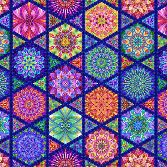 Caravan- Royal Multi Hexi Medallions: Sold by the 1/2 yard.