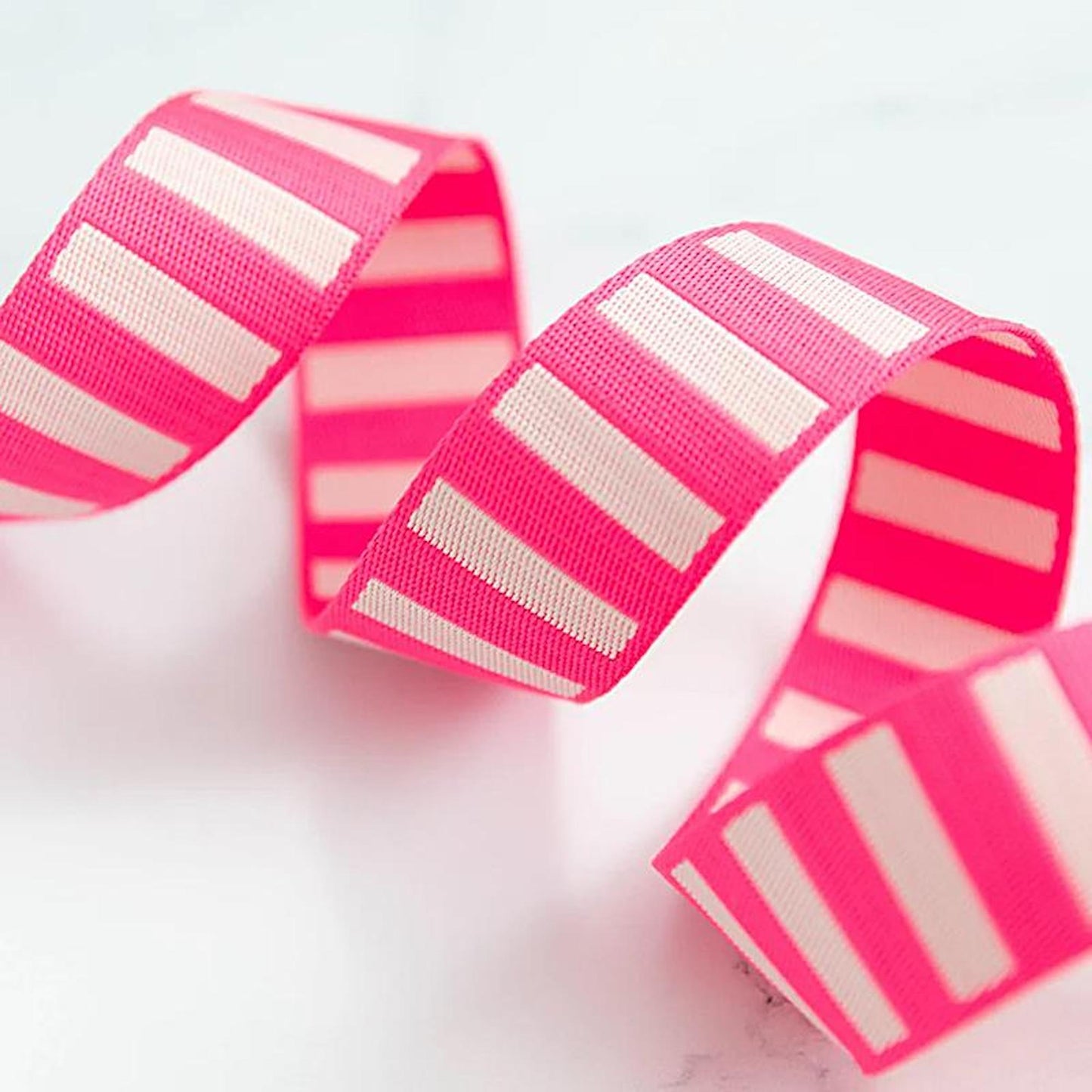 1.5" Bold Stripe Webbing- Neon Pink & Off White: Sold By the Yard