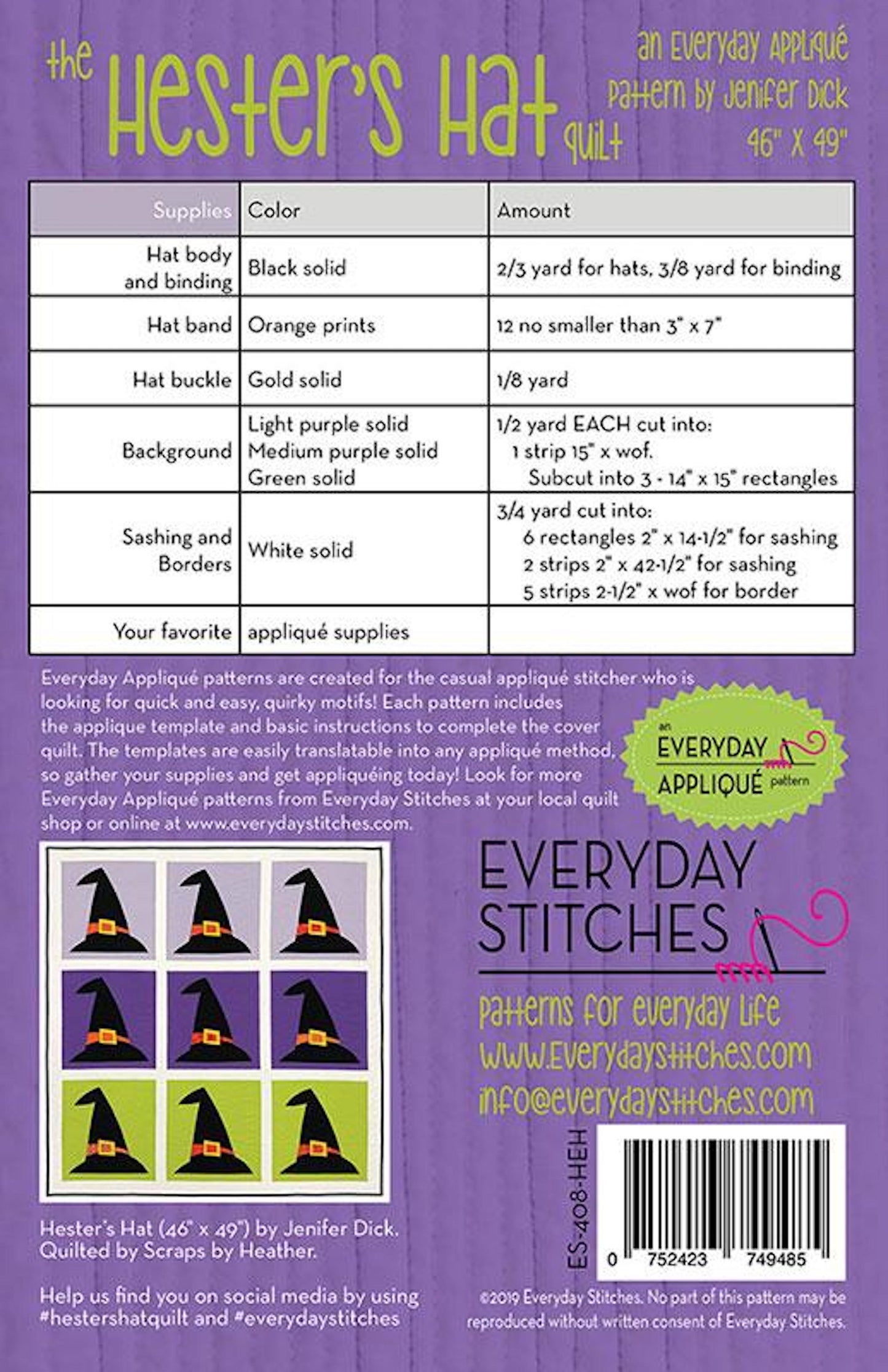 Hester's Hat Applique Quilt Pattern