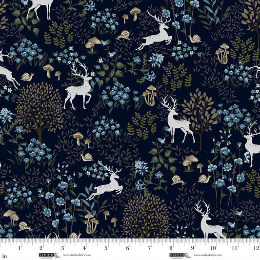 Ashdown Forest- Midnight Blue Dear Scenic: Sold by the 1/2 yard