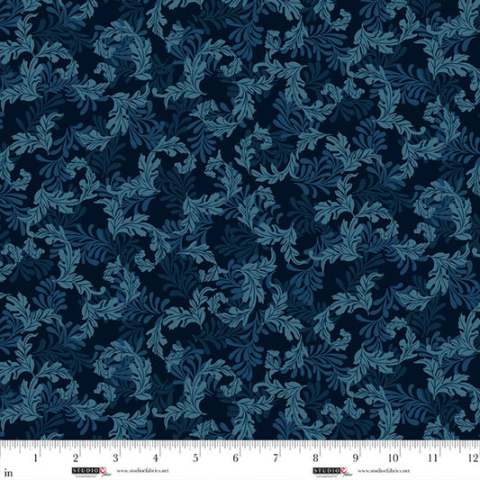 Ashdown Forest- Midnight Blue Acanthus Leaf: Sold by the 1/2 yard
