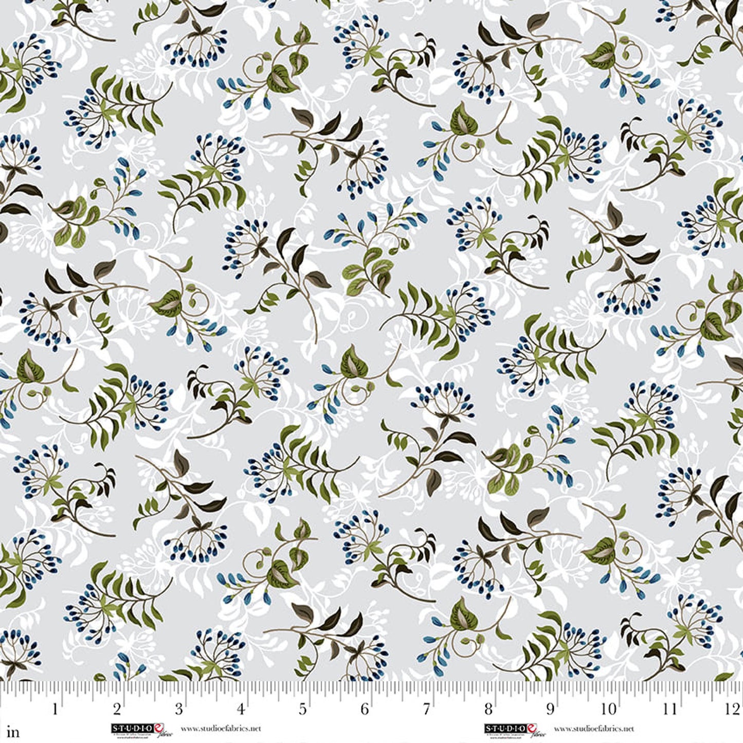 Ashdown Forest- Silver Gray Flowering Vine Toss: Sold by the 1/2 yard