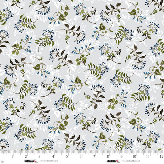 Ashdown Forest- Silver Gray Flowering Vine Toss: Sold by the 1/2 yard