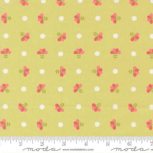 In the Garden- Light Lime Dotted Sprig: Sold By The 1/2 Yard