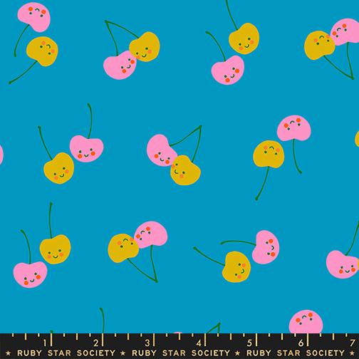 Trinketry- Bright Blue Cherry Friends: Sold by the 1/2 Yard