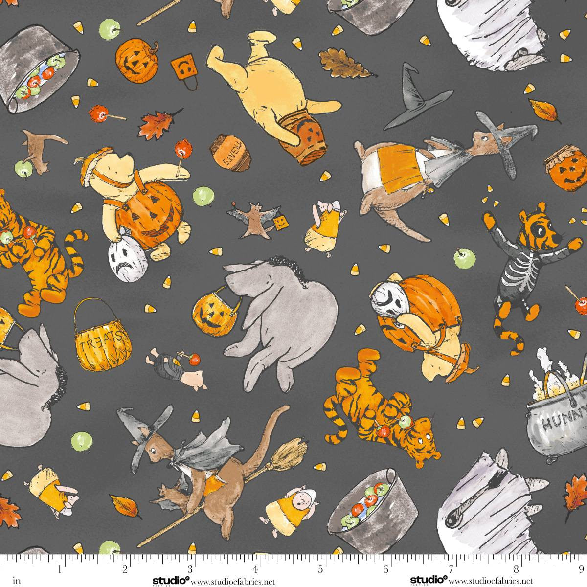 Haunted Acre Wood- Charcoal Costumed Crew: Sold by the 1/2 yard