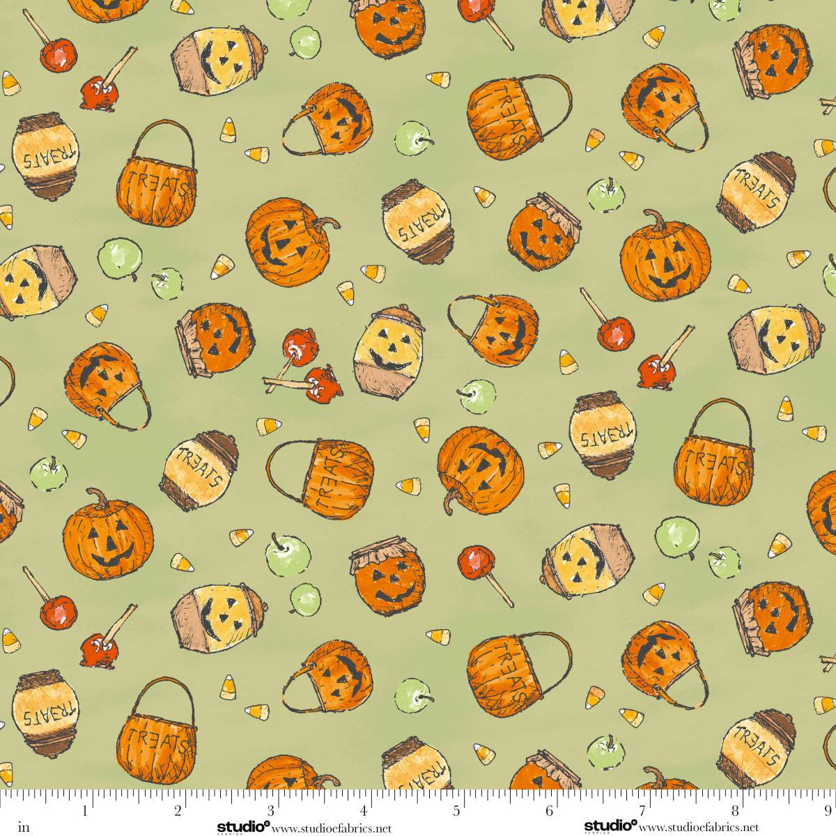 Haunted Acre Wood- Green Pumpkins and Pots: Sold by the 1/2 yard