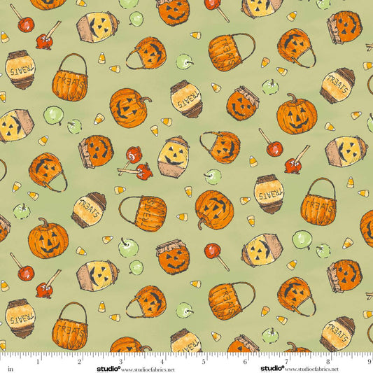Haunted Acre Wood- Green Pumpkins and Pots: Sold by the 1/2 yard