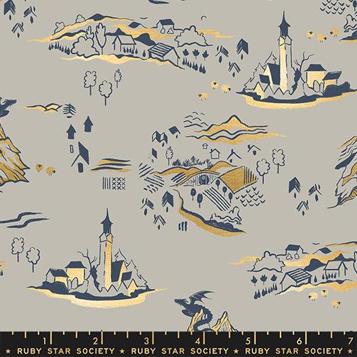 Fireglow- Oyster Metallic Mountain Town: Sold by the 1/2 yard