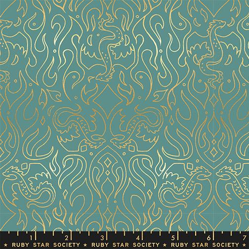 Fireglow- Watercress Metallic Scribe: Sold by the 1/2 yard