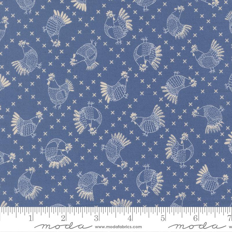 The Henhouse- Cobalt Cross Stitch Chickens: Sold by the 1/2 Yard