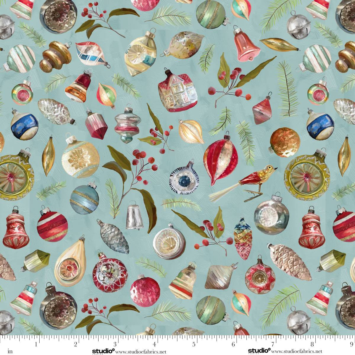 Holly Woods- Slate Vintage Ornaments: Sold by the 1/2 yard