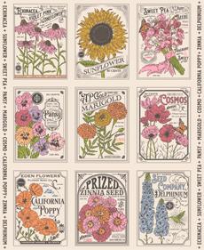 My Secret Garden- Cloud Vintage Seed Packet 36in Panel: Sold by the PANEL