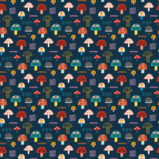 Amberwood- Navy Toadstools: Sold by the 1/2 yard