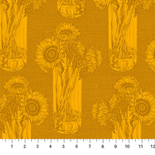 Indelible- Saffron Sunflowers: Sold by the 1/2 yard