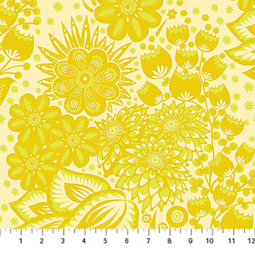 Overdressed- Yellow Totem: Sold by the 1/2 yard