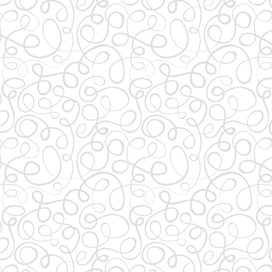 Morning Mist IX- White on White Scribbles: Sold by the 1/2 yard.