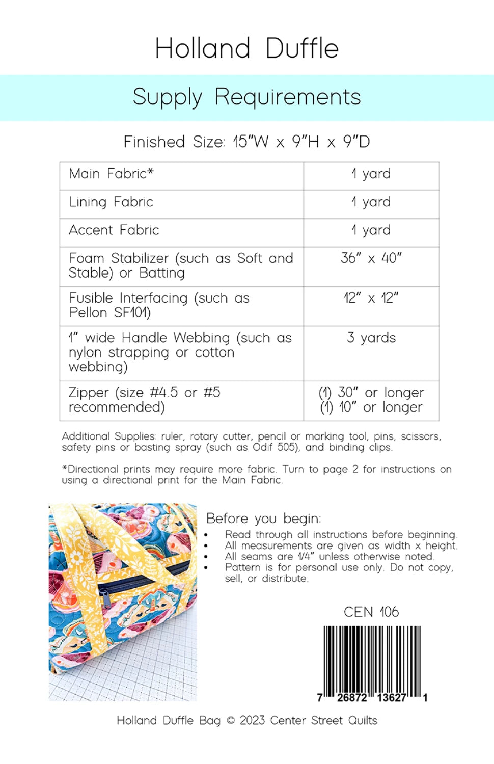 Holland Duffle Bag Pattern