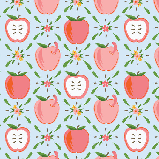 Bookworm- Blue Apples & Wiggles: Sold by the 1/2 Yard