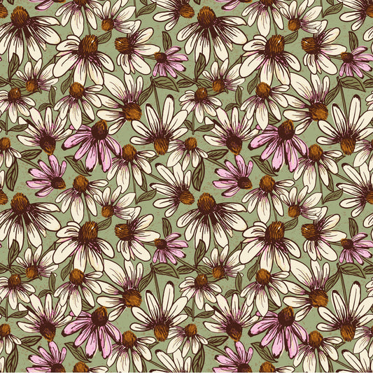 Coneflower Corral- Olive Echinacea: Sold by the 1/2 yard.