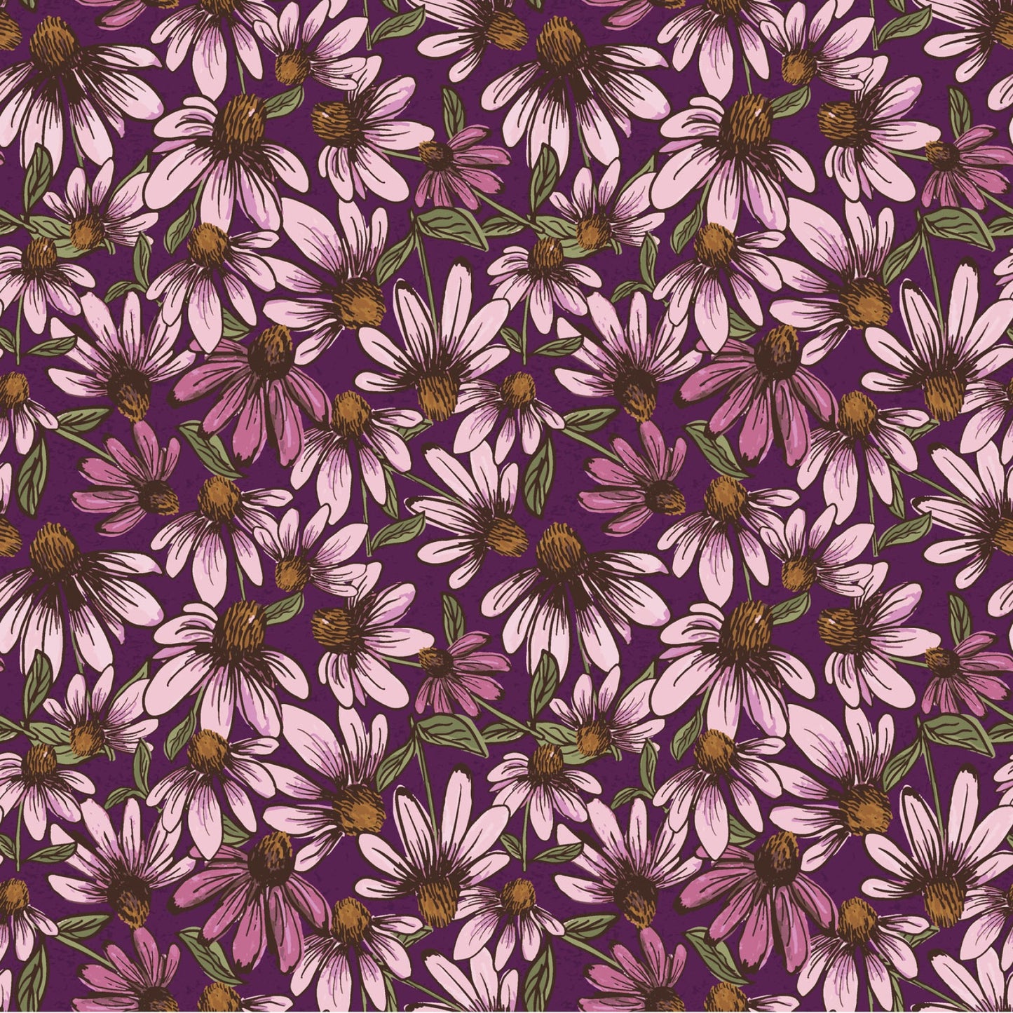 Coneflower Corral- Dark Eggplant Echinacea: Sold by the 1/2 yard.