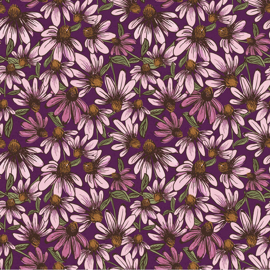 Coneflower Corral- Dark Eggplant Echinacea: Sold by the 1/2 yard.