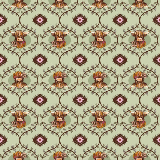 Coneflower Corral- Light Olive Highland Cows: Sold by the 1/2 yard.