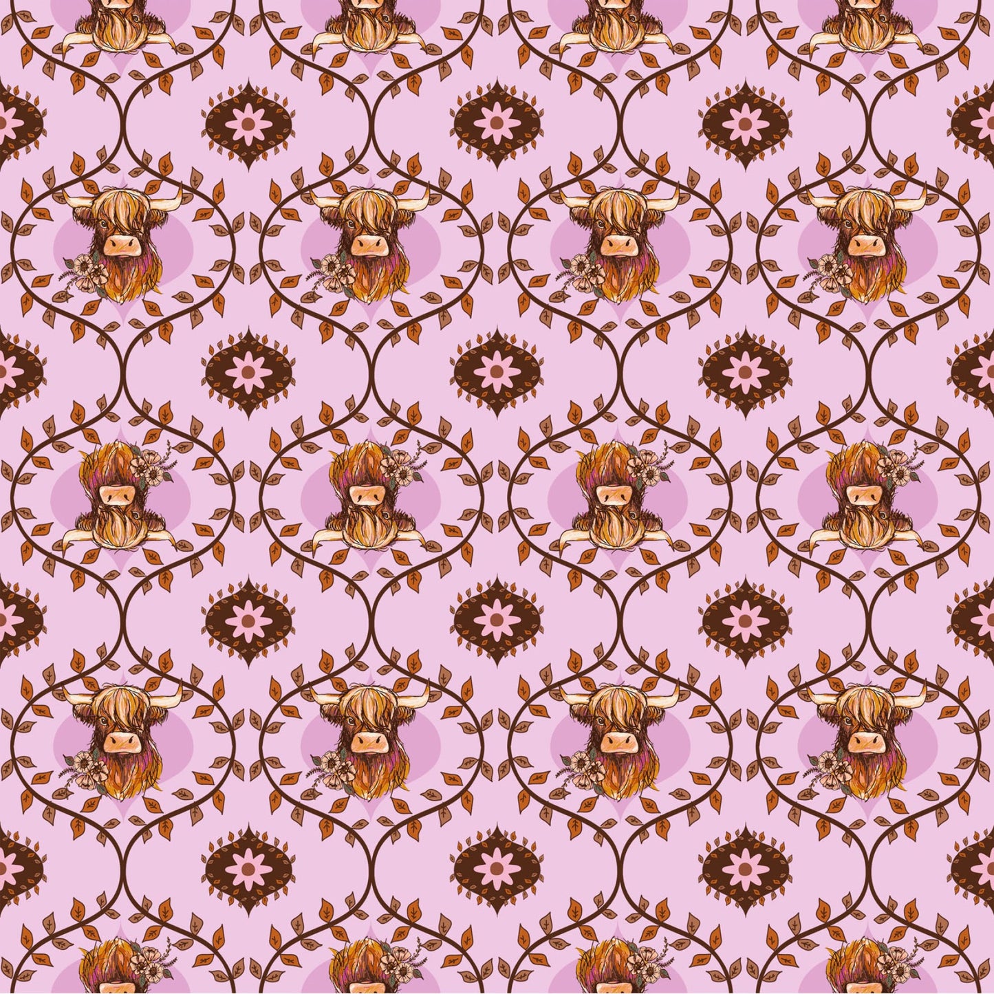 Coneflower Corral- Light Eggplant Highland Cows: Sold by the 1/2 yard.