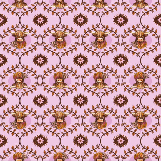 Coneflower Corral- Light Eggplant Highland Cows: Sold by the 1/2 yard.