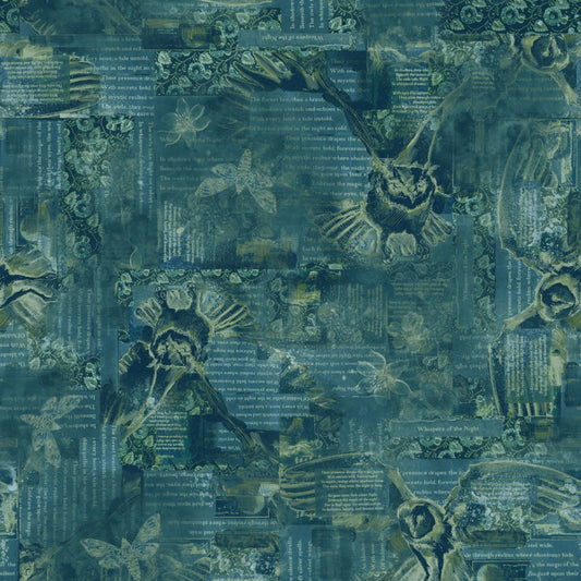 Night Whispers- Dark Teal Owl Collage: Sold by the 1/2 yard
