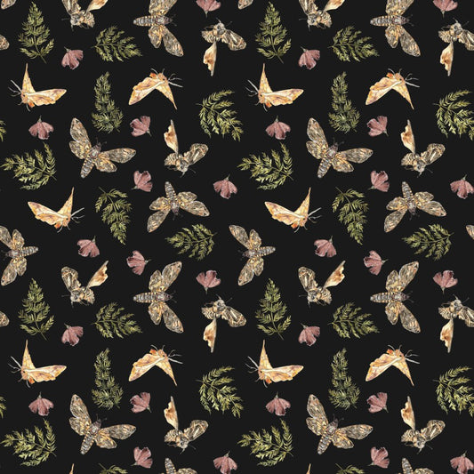 Night Whispers- Black Moths: Sold by the 1/2 yard