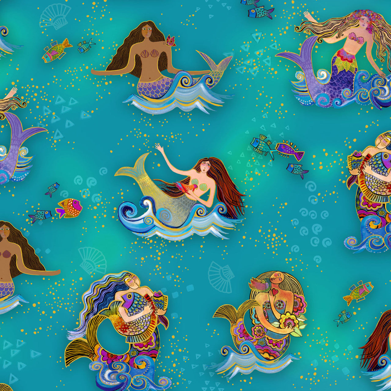 Oceania- Teal Mermaids Metallic: Sold by the 1/2 yard.