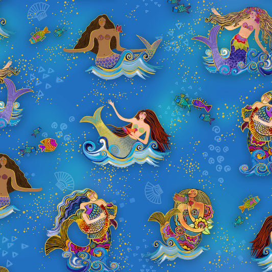Oceania- Blue Mermaids Metallic: Sold by the 1/2 yard.