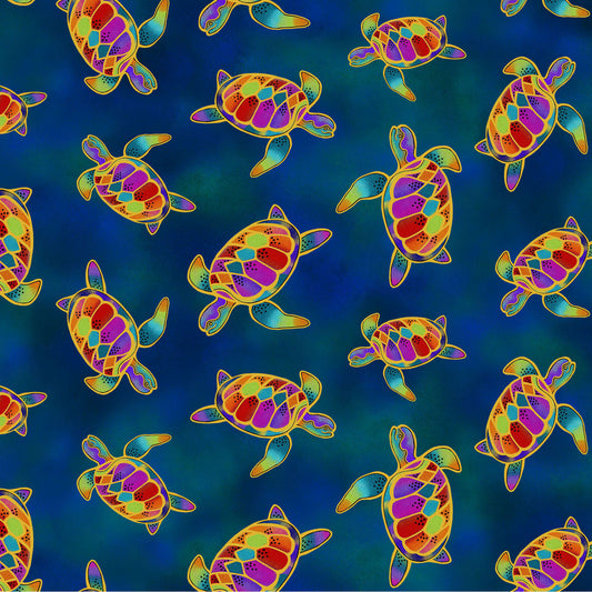 Oceania- Dark Sky Turtles Metallic: Sold by the 1/2 yard.