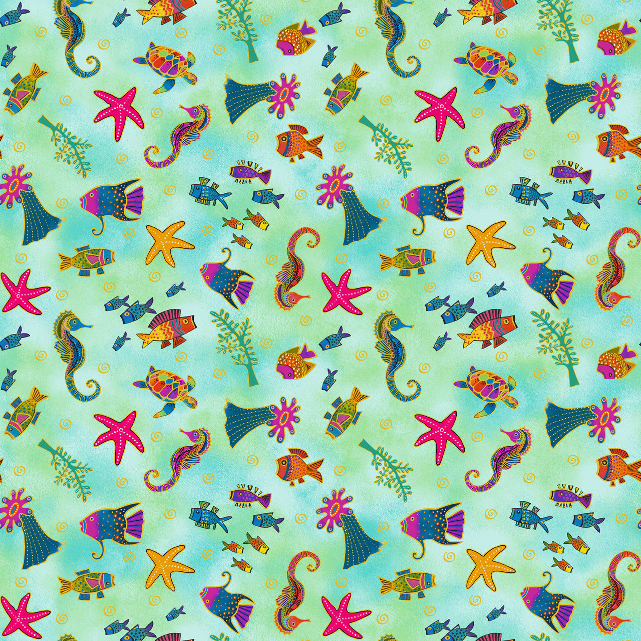 Oceania- Turquoise Sealife Metallic: Sold by the 1/2 yard.