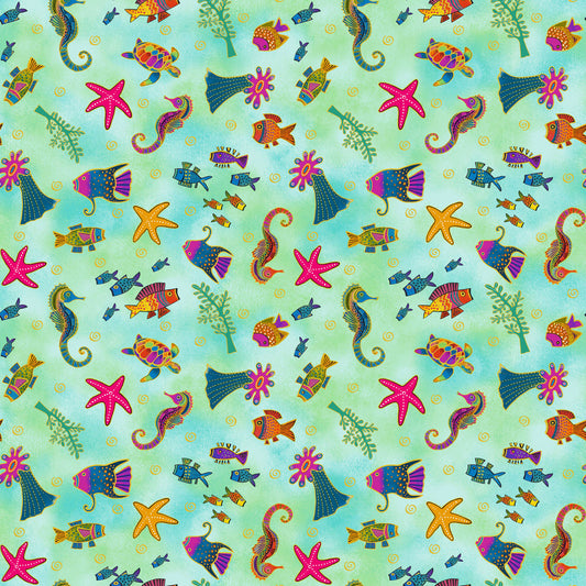Oceania- Turquoise Sealife Metallic: Sold by the 1/2 yard.