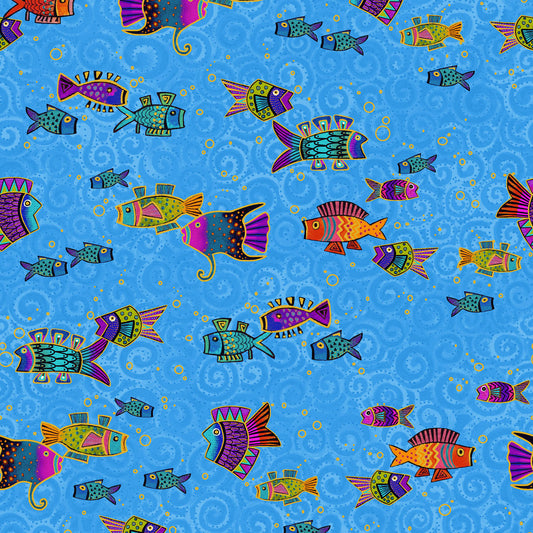 Oceania- Blue Fish Metallic: Sold by the 1/2 yard.