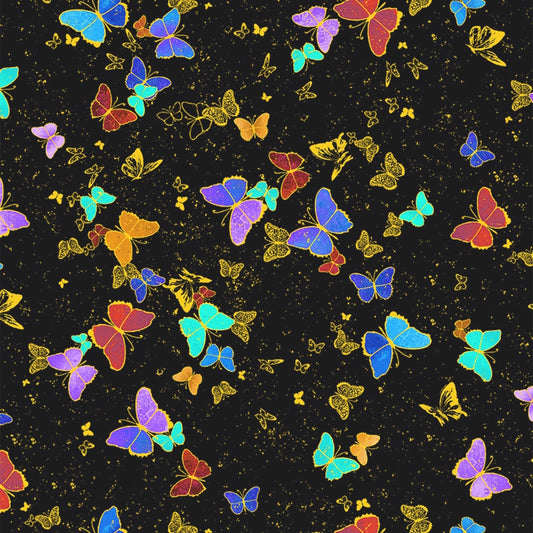 Wings of Gold- Tossed Butterflies Black Metallic : Sold By The 1/2 Yard