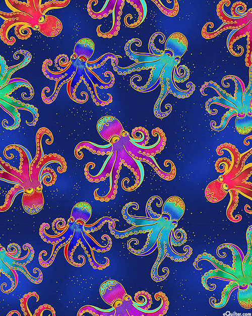 Oceania- Dark Navy Octopus Metallic: Sold by the 1/2 yard.