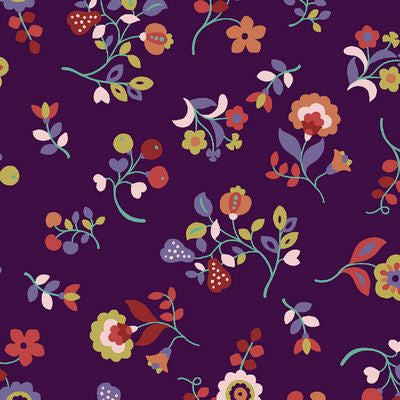 Glade- Flora Toss on Eggplant: Sold by the 1/2 yard